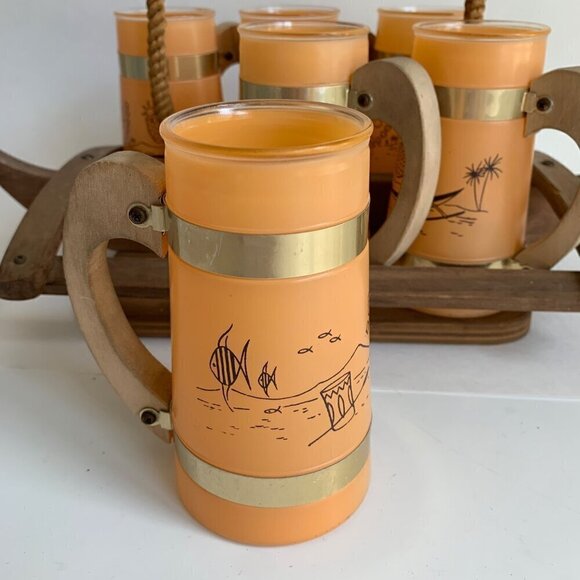 Siesta Ware Vintage Peach Glasses Set of 6 With Canoe Outrigger Carrier Wooden T - Picture 3 of 6